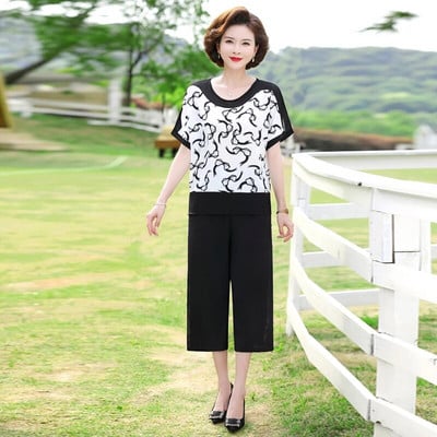 Mamino oblečenie 2-dielna súprava Letné dámske šifónové tričko s potlačou Topy Dvojdielne voľné tričko s krátkym rukávom + nohavice Kostýmy