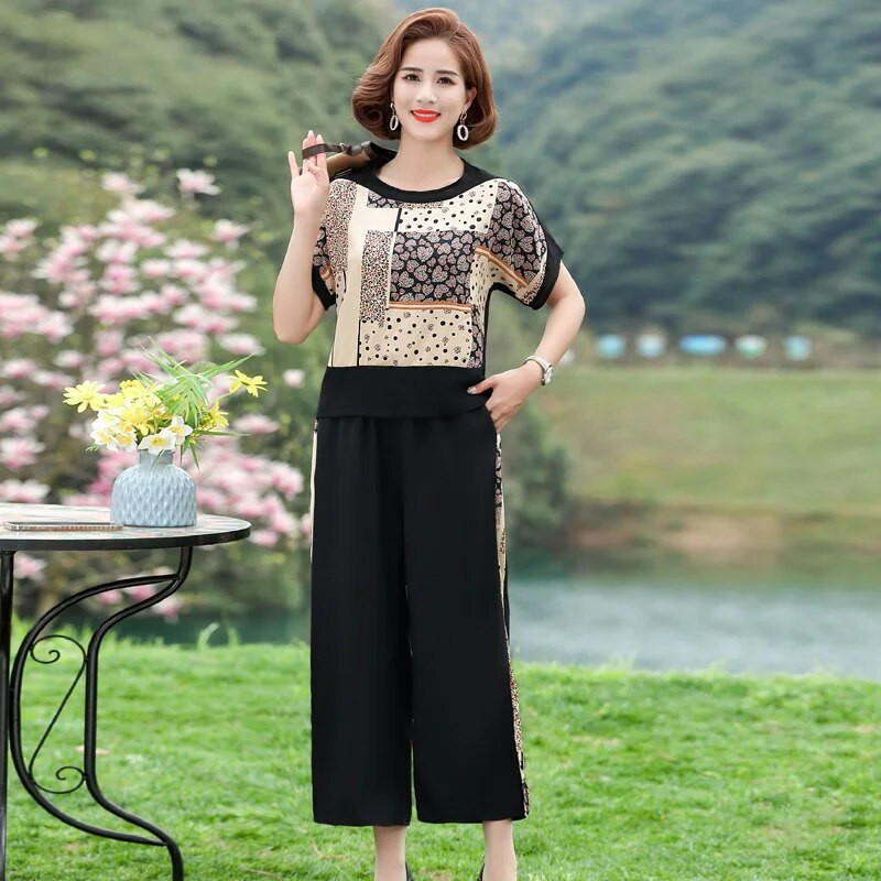 Mamino oblečenie 2-dielna súprava Letné dámske šifónové tričko s potlačou Topy Dvojdielne voľné tričko s krátkym rukávom + nohavice Kostýmy