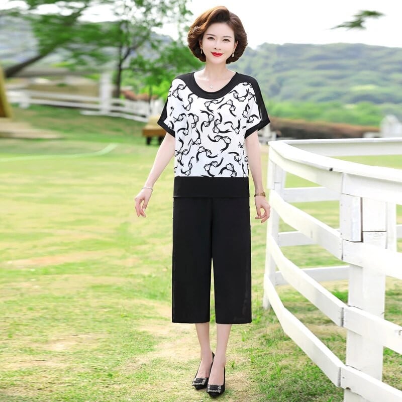 Mamino oblečenie 2-dielna súprava Letné dámske šifónové tričko s potlačou Topy Dvojdielne voľné tričko s krátkym rukávom + nohavice Kostýmy