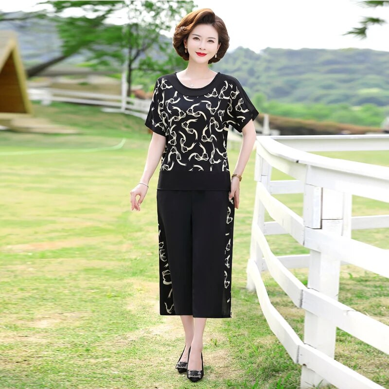 Mamino oblečenie 2-dielna súprava Letné dámske šifónové tričko s potlačou Topy Dvojdielne voľné tričko s krátkym rukávom + nohavice Kostýmy