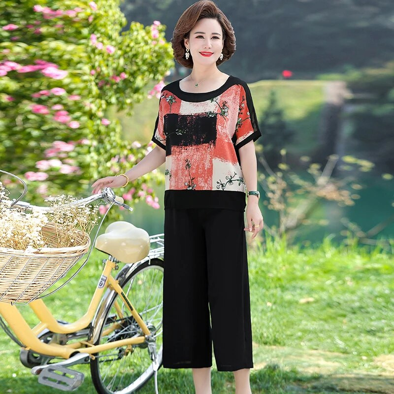 Mamino oblečenie 2-dielna súprava Letné dámske šifónové tričko s potlačou Topy Dvojdielne voľné tričko s krátkym rukávom + nohavice Kostýmy