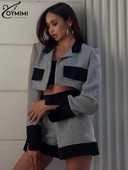 Oymimi Seturi patchwork elegante, negru, alb, pentru femei, 2 piese, la modă, cu mâneci lungi, buzunare, cămăși crop și seturi de pantaloni scurți cu talie înaltă