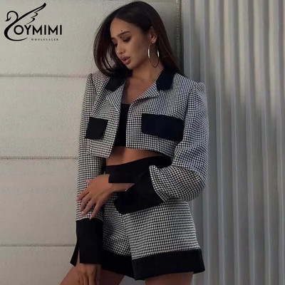 Oymimi Seturi patchwork elegante, negru, alb, pentru femei, 2 piese, la modă, cu mâneci lungi, buzunare, cămăși crop și seturi de pantaloni scurți cu talie înaltă