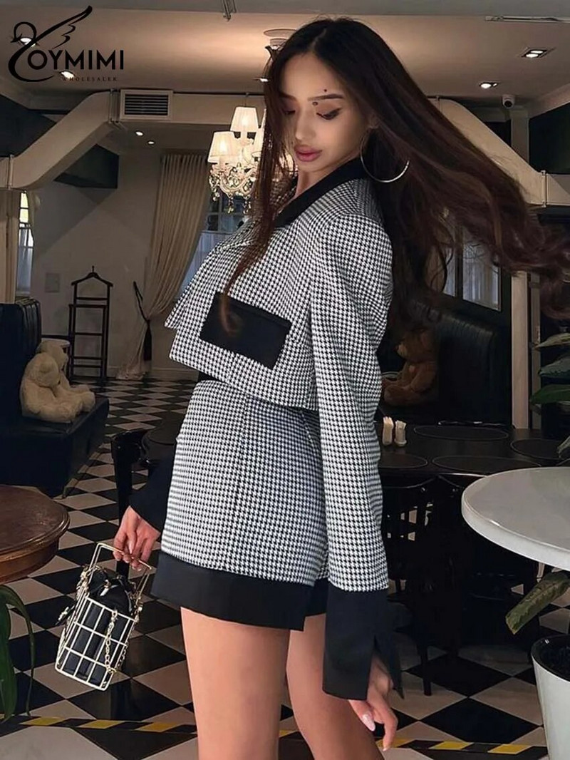 Oymimi Seturi patchwork elegante, negru, alb, pentru femei, 2 piese, la modă, cu mâneci lungi, buzunare, cămăși crop și seturi de pantaloni scurți cu talie înaltă