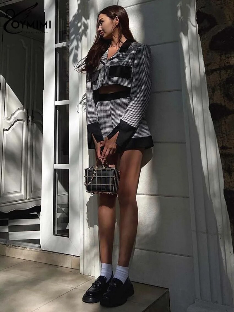 Oymimi Seturi patchwork elegante, negru, alb, pentru femei, 2 piese, la modă, cu mâneci lungi, buzunare, cămăși crop și seturi de pantaloni scurți cu talie înaltă