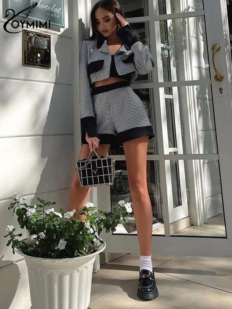 Oymimi Seturi patchwork elegante, negru, alb, pentru femei, 2 piese, la modă, cu mâneci lungi, buzunare, cămăși crop și seturi de pantaloni scurți cu talie înaltă