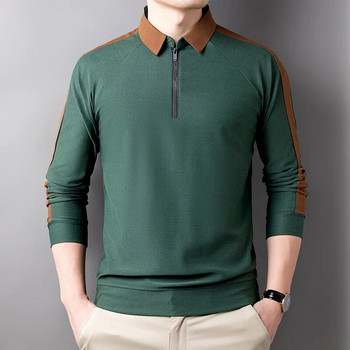 Пролетен и есенен мъжки пуловер с поло деколте и цип, контрастен панел, тениска с дълъг ръкав и долна част, модни ежедневни блузи