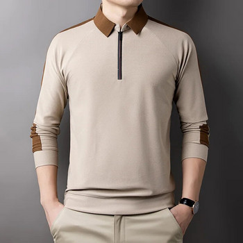 Пролетен и есенен мъжки пуловер с поло деколте и цип, контрастен панел, тениска с дълъг ръкав и долна част, модни ежедневни блузи