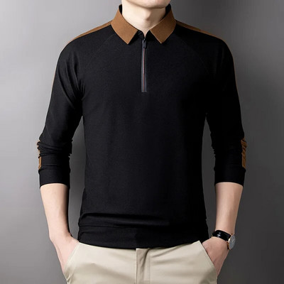 Pulover pentru bărbați, de primăvară și toamnă, cu gât polo, cu fermoar, cu panou contrastant, tricou cu mânecă lungă, cu fundul cămașă POLO Moda casual Topuri