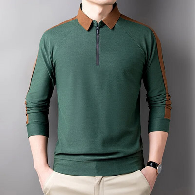Pulover pentru bărbați, de primăvară și toamnă, cu gât polo, cu fermoar, cu panou contrastant, tricou cu mânecă lungă, cu fundul cămașă POLO Moda casual Topuri