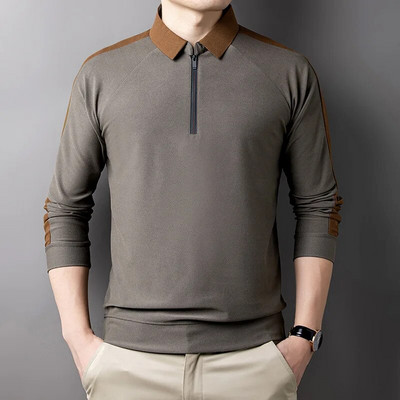 Pulover pentru bărbați, de primăvară și toamnă, cu gât polo, cu fermoar, cu panou contrastant, tricou cu mânecă lungă, cu fundul cămașă POLO Moda casual Topuri