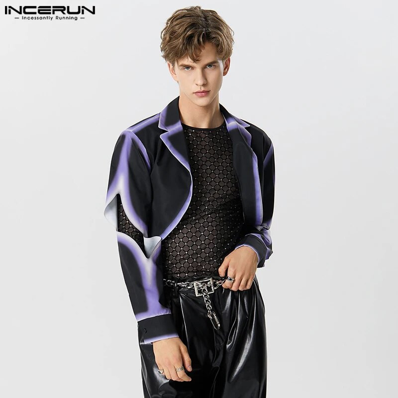 INCERUN Topy 2023 Americký štýl Pánske zakrivené lemované saká Lemované sako Ležérne Kontrastné farebné potlačené Skrátené sako S-5XL