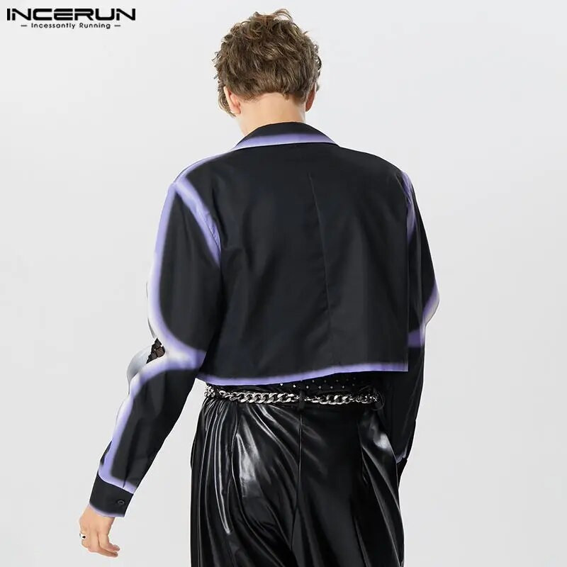 INCERUN Topy 2023 Americký štýl Pánske zakrivené lemované saká Lemované sako Ležérne Kontrastné farebné potlačené Skrátené sako S-5XL