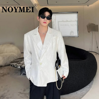 NOYMEI Яке с пайети, ревер, едноцветно модно мъжко корейски стил, есенно ново темпераментно палто на 2024 г., бял мъжки блейзър WA2987
