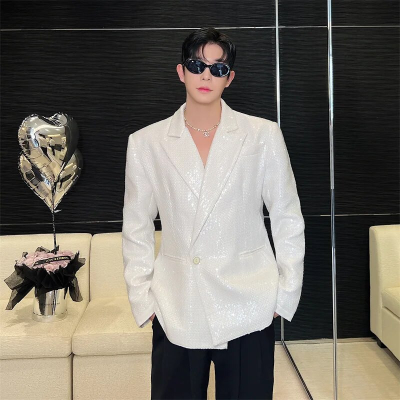 NOYMEI Jachetă cu paiete rever de culoare solidă, la modă, stil coreean, toamnă, nou 2024, haină temperamentală, blazer alb pentru bărbați WA2987