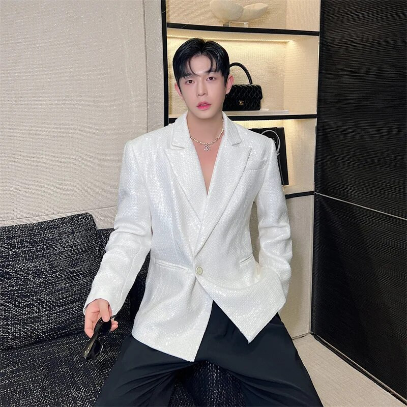 NOYMEI Jachetă cu paiete rever de culoare solidă, la modă, stil coreean, toamnă, nou 2024, haină temperamentală, blazer alb pentru bărbați WA2987