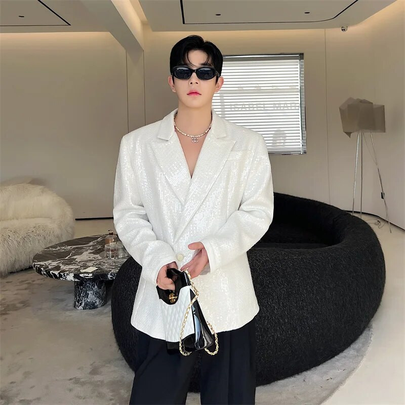 NOYMEI Jachetă cu paiete rever de culoare solidă, la modă, stil coreean, toamnă, nou 2024, haină temperamentală, blazer alb pentru bărbați WA2987