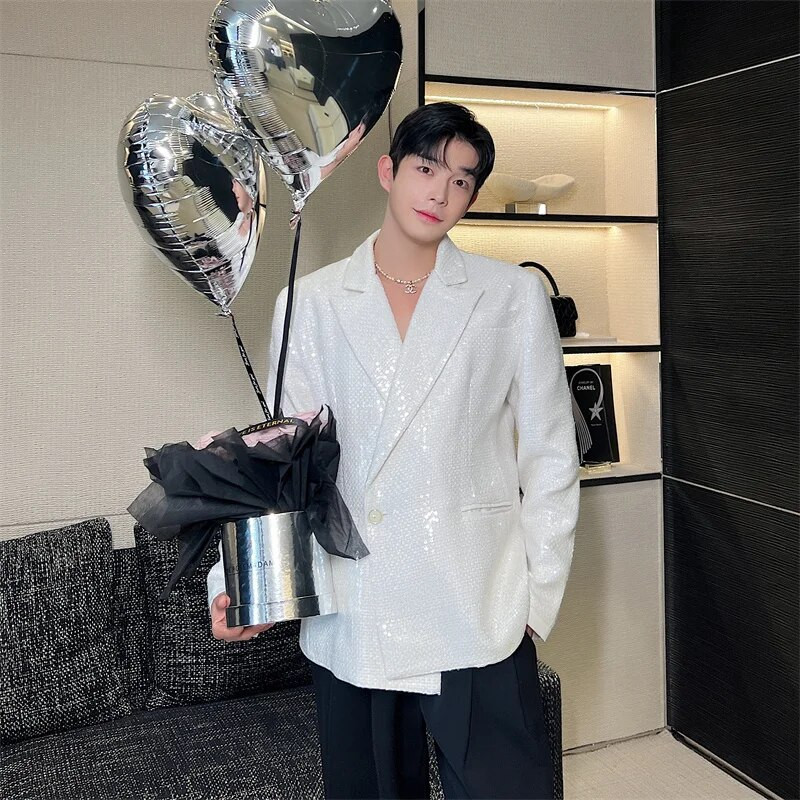 NOYMEI Jachetă cu paiete rever de culoare solidă, la modă, stil coreean, toamnă, nou 2024, haină temperamentală, blazer alb pentru bărbați WA2987