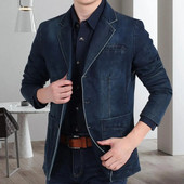 Costum la modă haină rever Temperament Slim Fit buzunare costum haină denim blazer bărbați blugi blazer