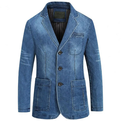 Costum la modă haină rever Temperament Slim Fit buzunare costum haină denim blazer bărbați blugi blazer