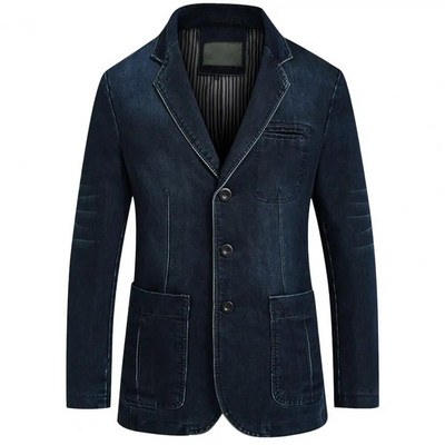Costum la modă haină rever Temperament Slim Fit buzunare costum haină denim blazer bărbați blugi blazer