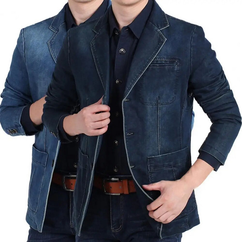 Costum la modă haină rever Temperament Slim Fit buzunare costum haină denim blazer bărbați blugi blazer