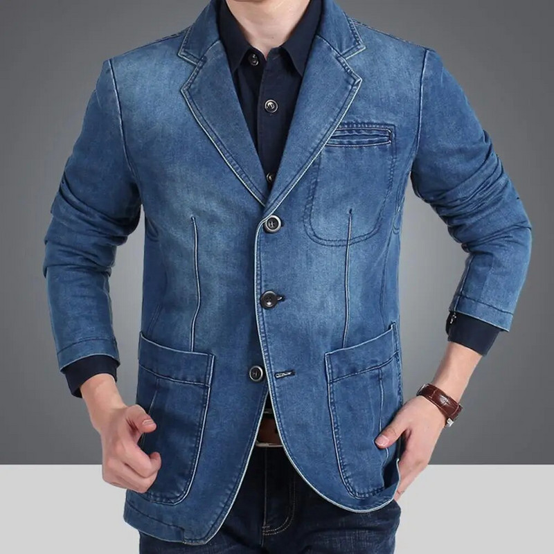 Costum la modă haină rever Temperament Slim Fit buzunare costum haină denim blazer bărbați blugi blazer