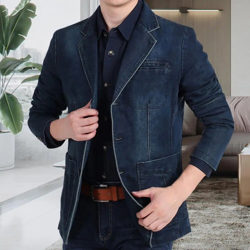 Costum la modă haină rever Temperament Slim Fit buzunare costum haină denim blazer bărbați blugi blazer