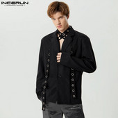 2023 Blazer pentru bărbați, culoare solidă, rever, mânecă lungă, nasturi, costume casual, cu centură plisată, haine de stradă, haine pentru bărbați, S-5XL INCERUN