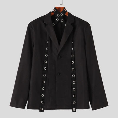 2023 Blazer pentru bărbați, culoare solidă, rever, mânecă lungă, nasturi, costume casual, cu centură plisată, haine de stradă, haine pentru bărbați, S-5XL INCERUN