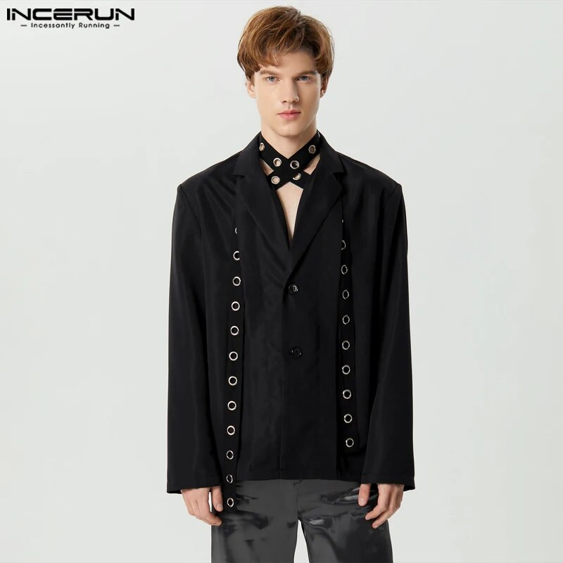 2023 Blazer pentru bărbați, culoare solidă, rever, mânecă lungă, nasturi, costume casual, cu centură plisată, haine de stradă, haine pentru bărbați, S-5XL INCERUN