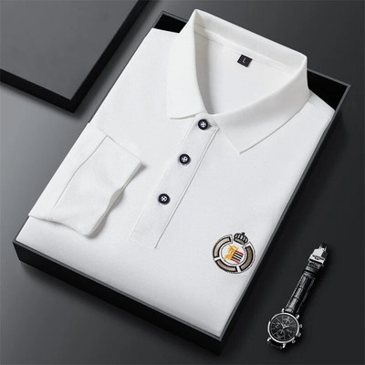 Noul stil coreean Noțiuni de bază ale modei Cămașă polo pentru bărbați cu mâneci lungi Tricouri de lux brodate Casual Topuri respirabile cu rever