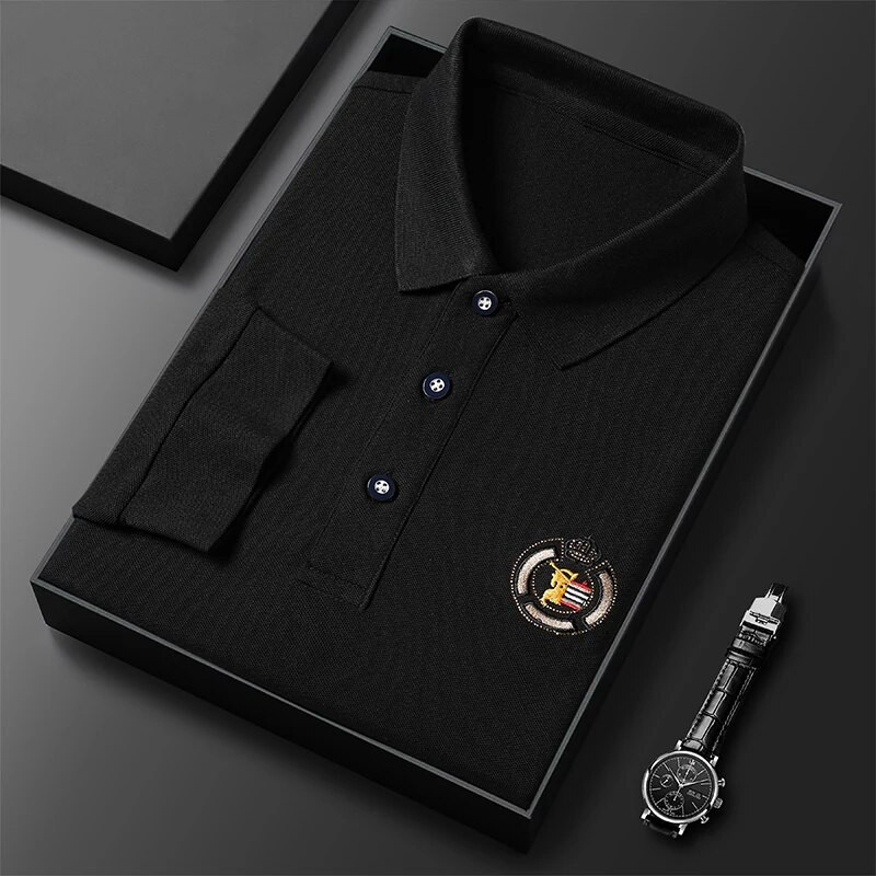 Nové kórejské módne základy pánske polo tričko s dlhým rukávom, vyšívané luxusné tričká, ležérne klopové priedušné topy