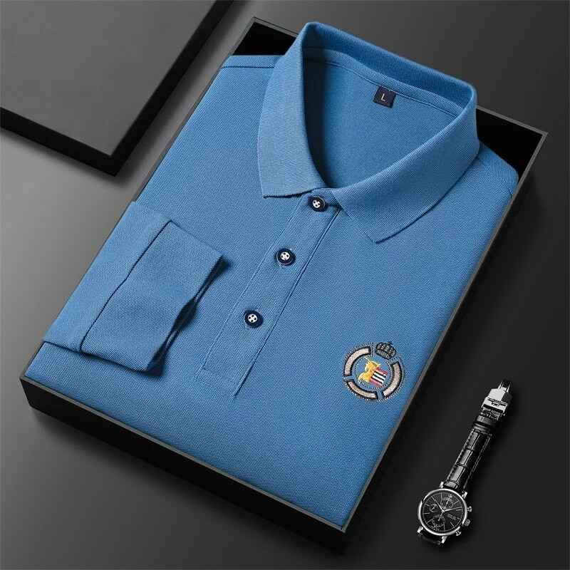 Nové kórejské módne základy pánske polo tričko s dlhým rukávom, vyšívané luxusné tričká, ležérne klopové priedušné topy