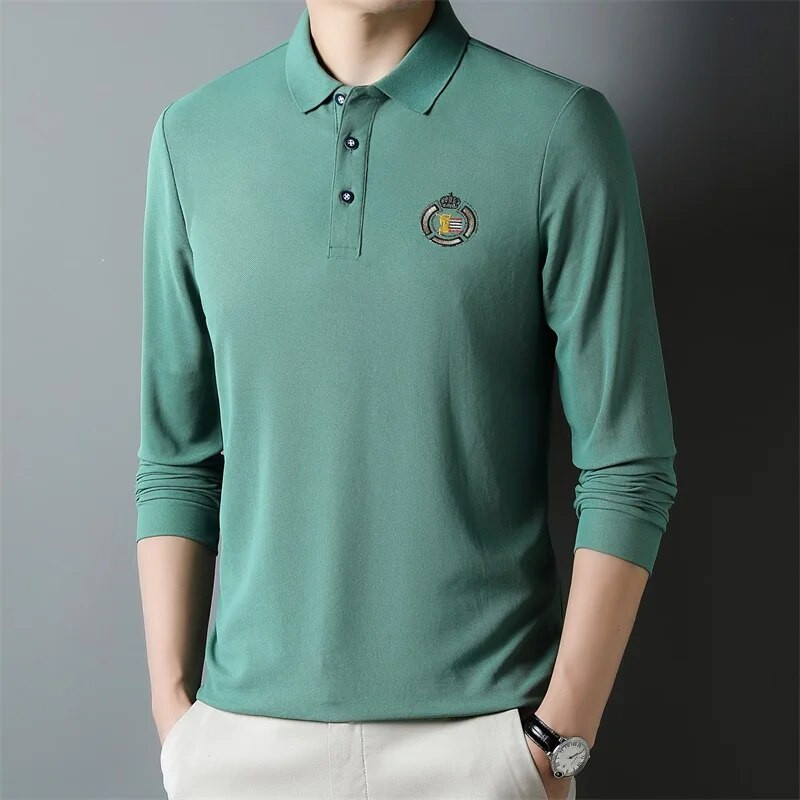 Nové kórejské módne základy pánske polo tričko s dlhým rukávom, vyšívané luxusné tričká, ležérne klopové priedušné topy
