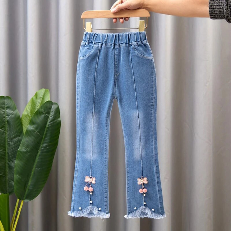 Detské dievčenské kovbojské nohavice Jar Jesenné dievčenské rifle Ležérne dievčenské rifle Detské oblečenie Detské zvonové rifle