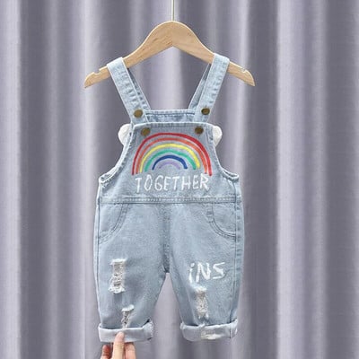 IENENS Baby Dungarees Kombinezoni za djevojčice Hole Wash Jeans Hlače s duginim printom Traper kombinezon Duge hlače za malu djecu 0-4 godine