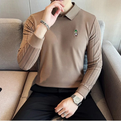 Pulover pentru bărbați, de primăvară, toamnă, guler răsturnat, broderie în dungi, desene animate, tricou cu mânecă lungă, tricou, la modă, ocazional.