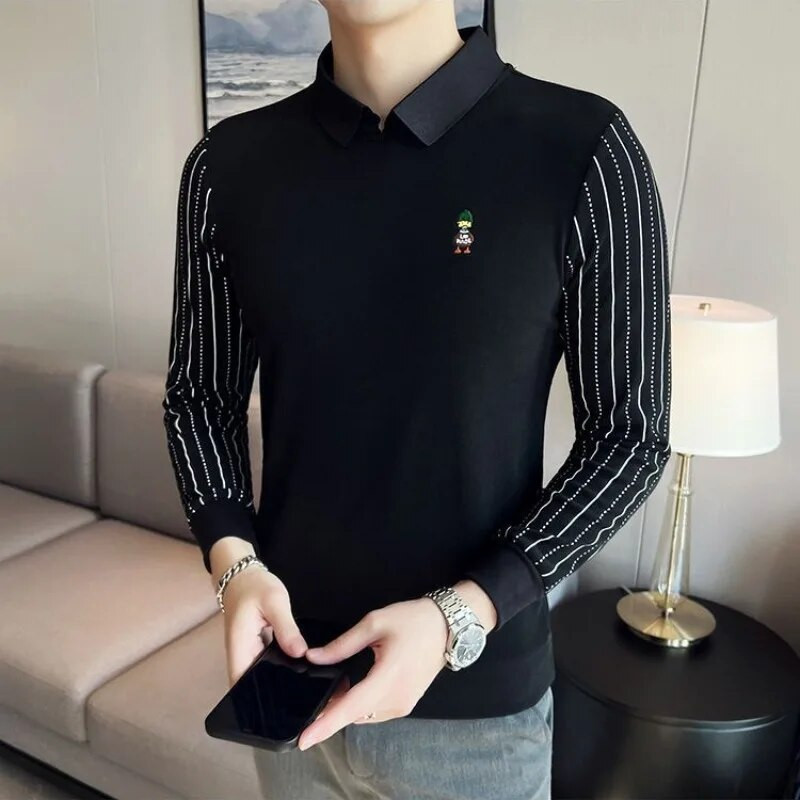 Pánske tričko s dlhým rukávom a výšivkou, jarným a jesenným golierom, karikatúrou a výšivkou, s krátkym rukávom, módnym ležérnym topom.