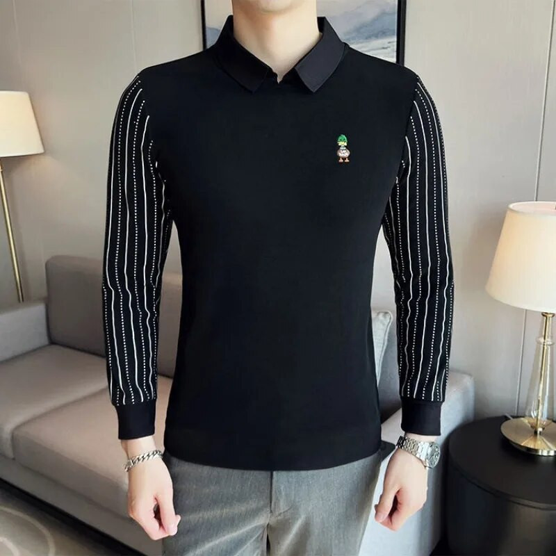 Pánske tričko s dlhým rukávom a výšivkou, jarným a jesenným golierom, karikatúrou a výšivkou, s krátkym rukávom, módnym ležérnym topom.