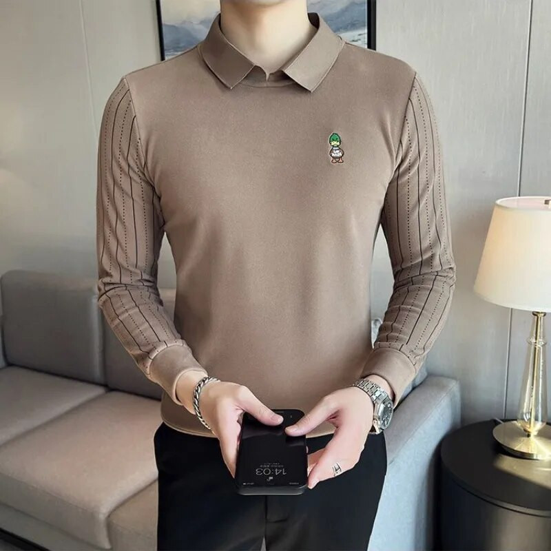 Pánske tričko s dlhým rukávom a výšivkou, jarným a jesenným golierom, karikatúrou a výšivkou, s krátkym rukávom, módnym ležérnym topom.