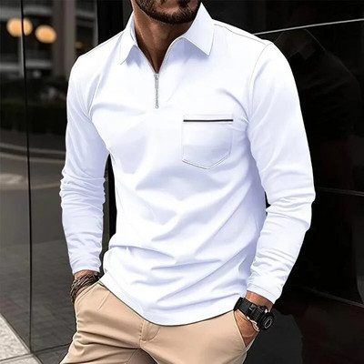 Pulover pentru bărbați de primăvară și toamnă, cu fermoar, buzunar contrastant, tricou cu mânecă lungă, fund polo, modă, vacanță, ocazional, top formal