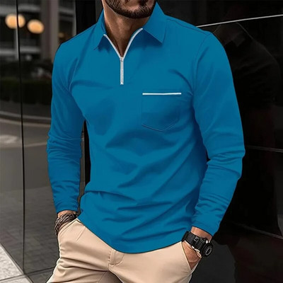 Pulover pentru bărbați de primăvară și toamnă, cu fermoar, buzunar contrastant, tricou cu mânecă lungă, fund polo, modă, vacanță, ocazional, top formal