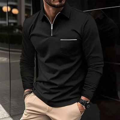Pulover pentru bărbați de primăvară și toamnă, cu fermoar, buzunar contrastant, tricou cu mânecă lungă, fund polo, modă, vacanță, ocazional, top formal