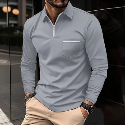 Pulover pentru bărbați de primăvară și toamnă, cu fermoar, buzunar contrastant, tricou cu mânecă lungă, fund polo, modă, vacanță, ocazional, top formal