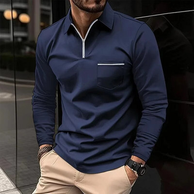 Pulover pentru bărbați de primăvară și toamnă, cu fermoar, buzunar contrastant, tricou cu mânecă lungă, fund polo, modă, vacanță, ocazional, top formal