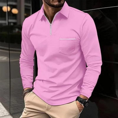 Pulover pentru bărbați de primăvară și toamnă, cu fermoar, buzunar contrastant, tricou cu mânecă lungă, fund polo, modă, vacanță, ocazional, top formal