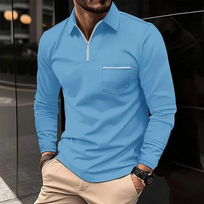 Pulover pentru bărbați de primăvară și toamnă, cu fermoar, buzunar contrastant, tricou cu mânecă lungă, fund polo, modă, vacanță, ocazional, top formal
