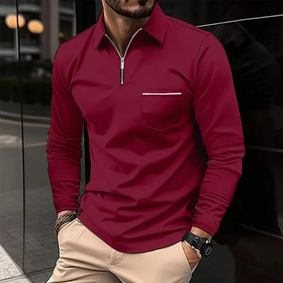 Pulover pentru bărbați de primăvară și toamnă, cu fermoar, buzunar contrastant, tricou cu mânecă lungă, fund polo, modă, vacanță, ocazional, top formal