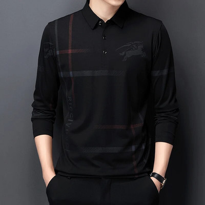 Pulover bărbați cu rever de primăvară și toamnă, cu nasturi, în dungi, cu litere, imprimeu, haine cu mânecă lungă, tricou polo, topuri casual